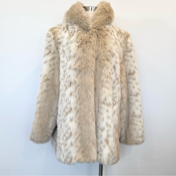 Vintage Snow Leopard Arctic Lynx Faux Fur Winter White Cream Hood Teddy Coat XL - Picture 2 of 11
